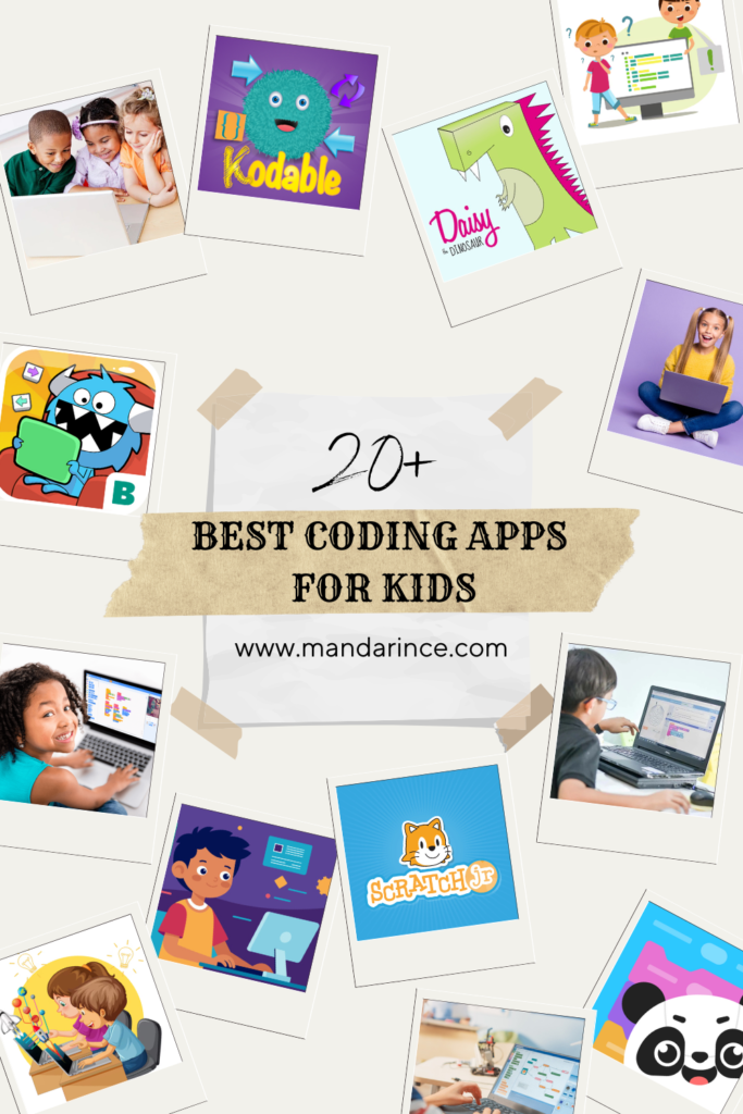 A creative collage featuring kids using laptops, coding app logos, and illustrations of fun learning activities, representing the best coding apps for children.