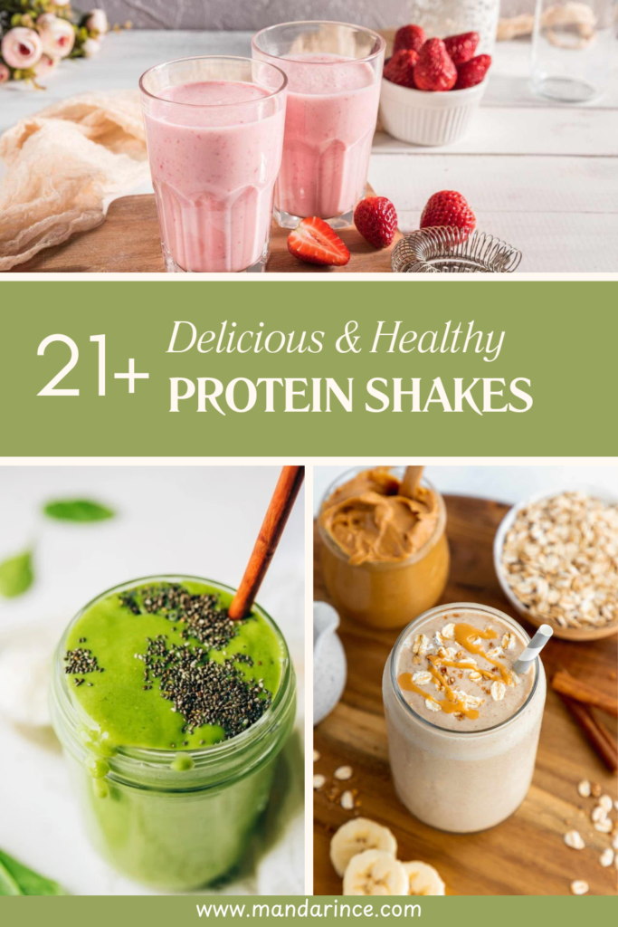 A collage of homemade protein shakes, including a strawberry smoothie, a green smoothie topped with chia seeds, and a peanut butter banana shake with oats, showcasing nutritious and delicious drink options.