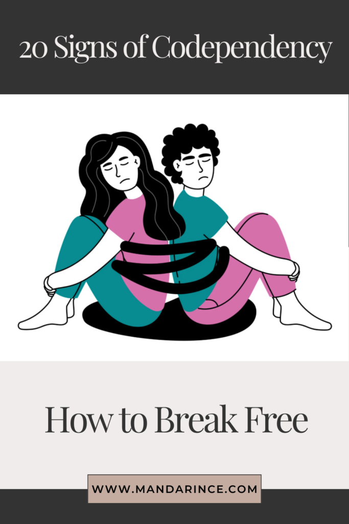 An illustration of a couple sitting back-to-back, tied together with a black rope, symbolizing emotional entanglement in a codependent relationship.