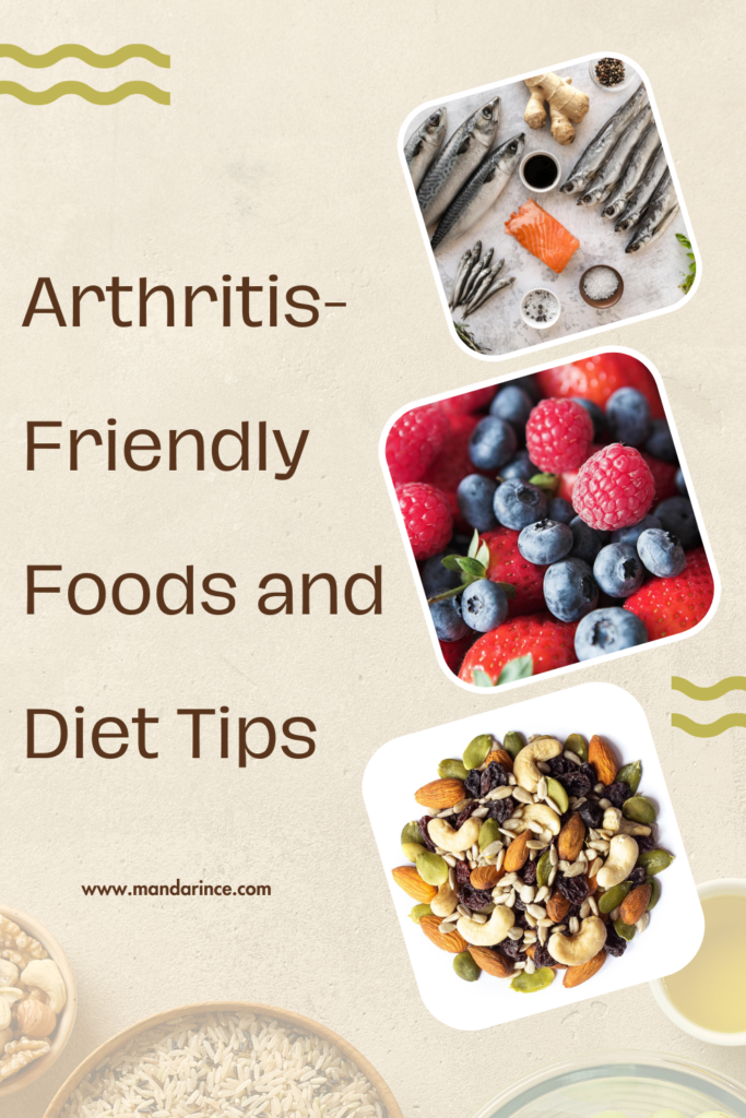 A collage of arthritis-friendly foods, including fatty fish, fresh berries, and mixed nuts, displayed on a neutral background, representing an anti-inflammatory diet for joint health.