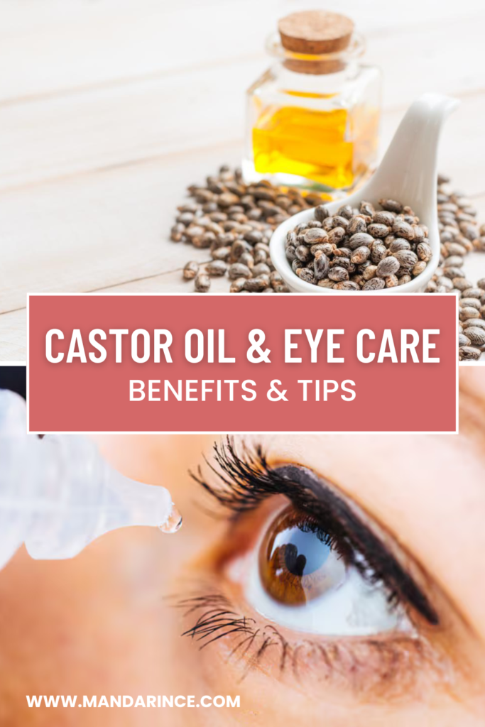 A bottle of castor oil with castor seeds in a white spoon on a wooden surface, alongside a close-up of an eye receiving a drop, representing natural eye care and wellness.