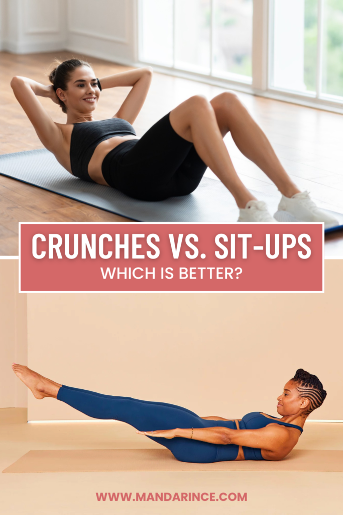 A split-image comparison of two women performing abdominal exercises—one doing crunches on a yoga mat and the other holding a hollow body position, representing core workouts and fitness.