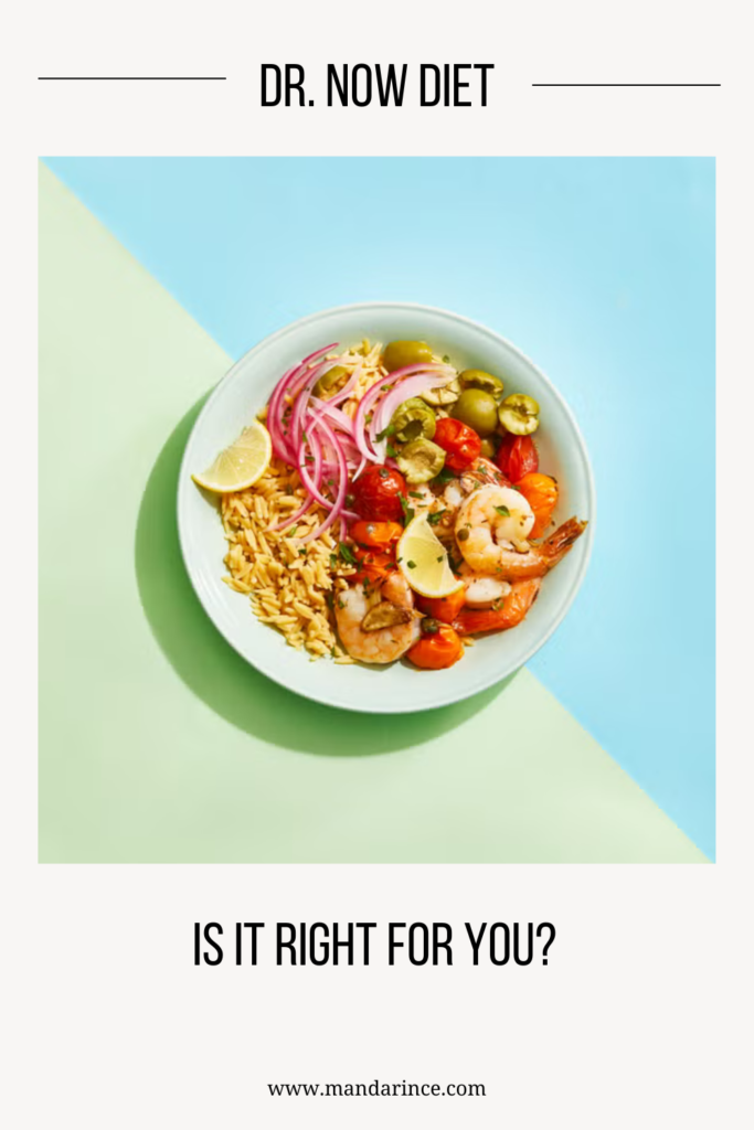 A balanced meal featuring shrimp, rice, olives, tomatoes, and onions on a colorful background, representing the structured approach of the Dr. Now diet plan.