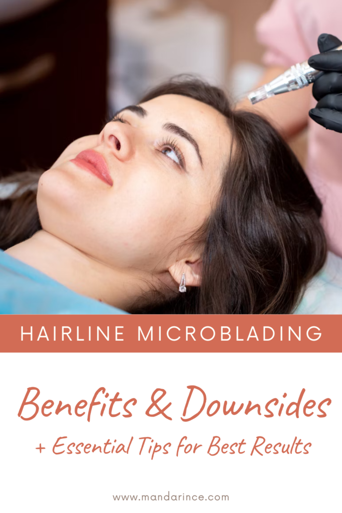A woman lying down while a professional applies a hairline microblading procedure using a specialized tool, highlighting the process and results of this semi-permanent technique.