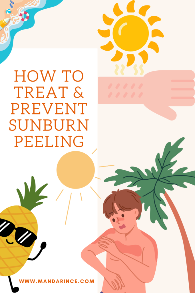 Illustration of a sunburned person rubbing their shoulder, a bright sun shining, and a playful pineapple wearing sunglasses, representing sun exposure, skin care, and sunburn relief.