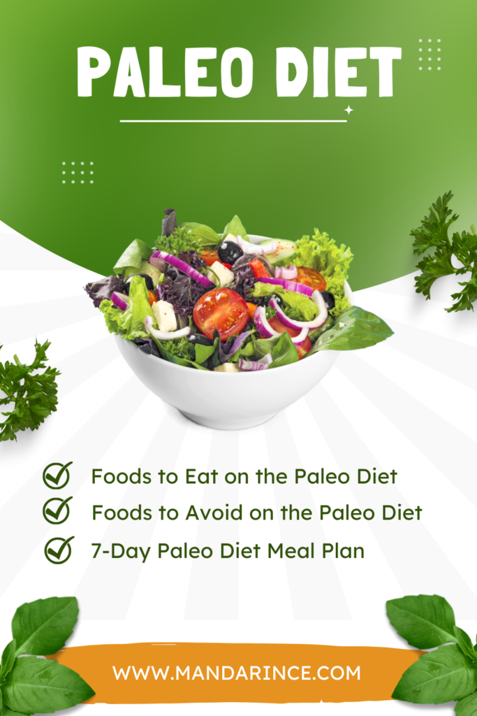 A fresh salad bowl filled with colorful vegetables, surrounded by green herbs, representing nutritious and natural eating on the Paleo diet.