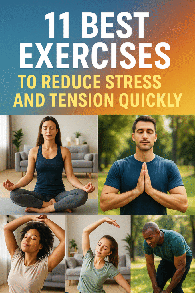 People engaging in stress-relief exercises like seated meditation, standing prayer pose, and gentle stretching.