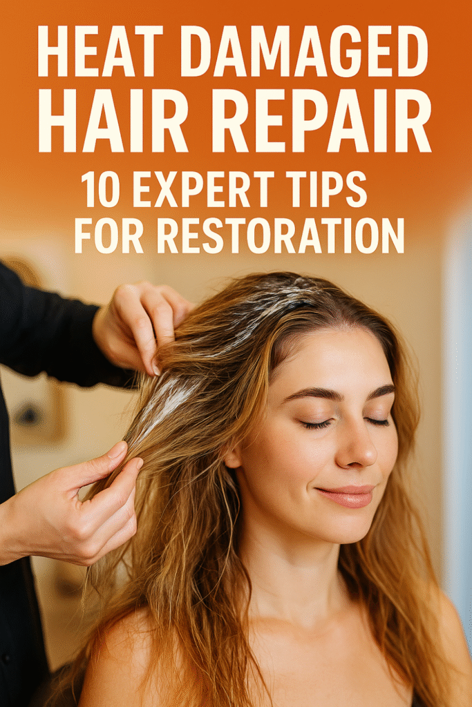 Stylist working on a woman’s hair, applying a restorative treatment.