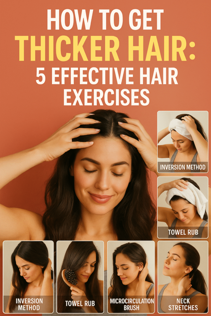 Woman massaging her scalp and demonstrating hair exercises: inversion method, towel rub, using a microcirculation brush, and neck stretches.