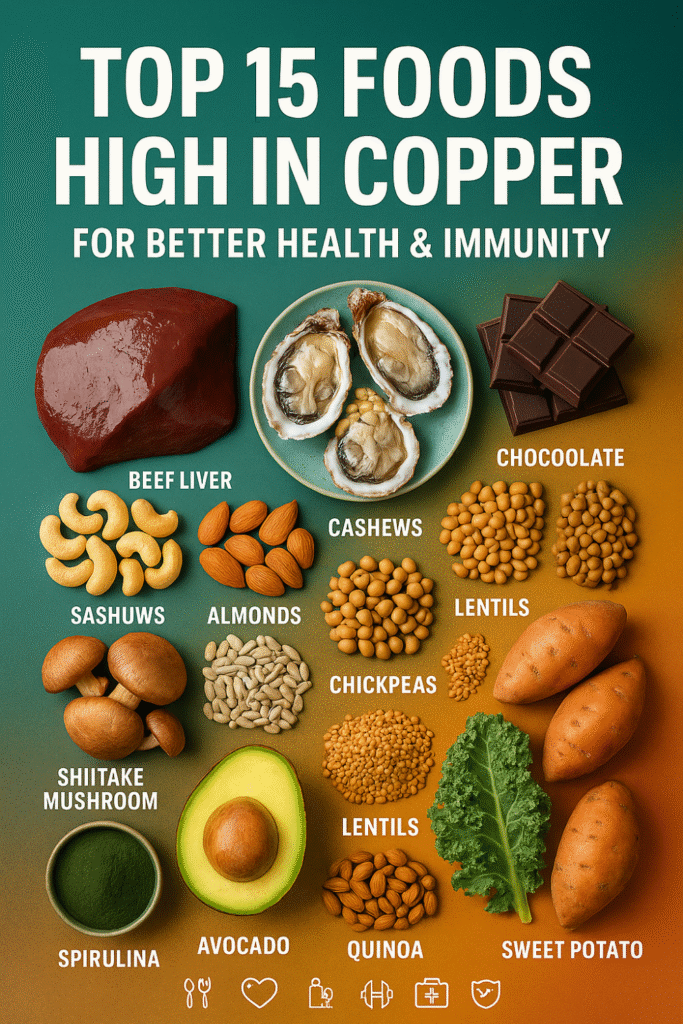 Assorted high-copper foods arranged on a teal background: beef liver, oysters, dark chocolate, cashews, almonds, lentils, chickpeas, shiitake mushrooms, sweet potatoes, spirulina, avocado, quinoa, and a kale leaf.